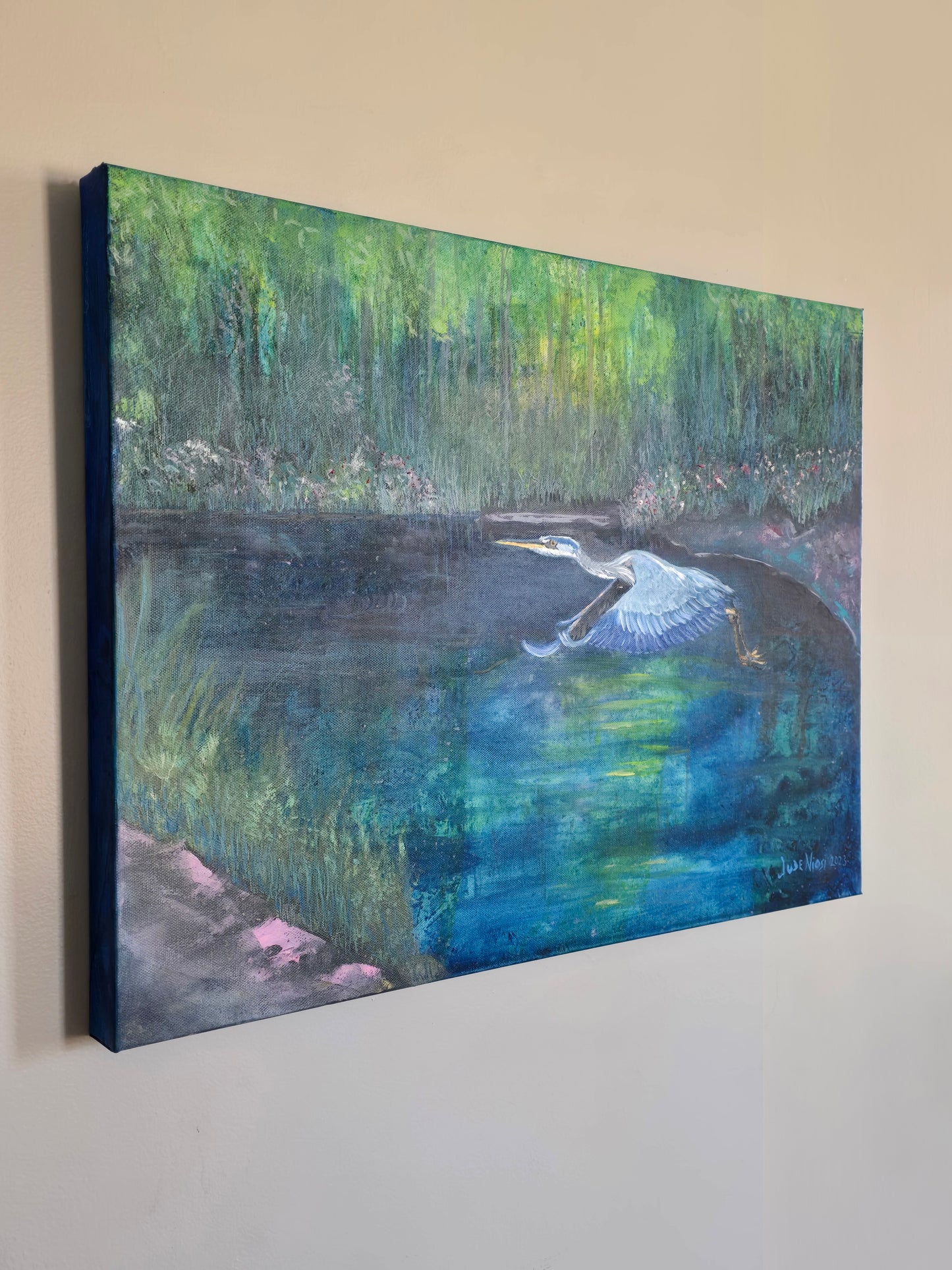 Title: Scoping Heron | 18x24" | Oil on Canvas 1.5" Depth