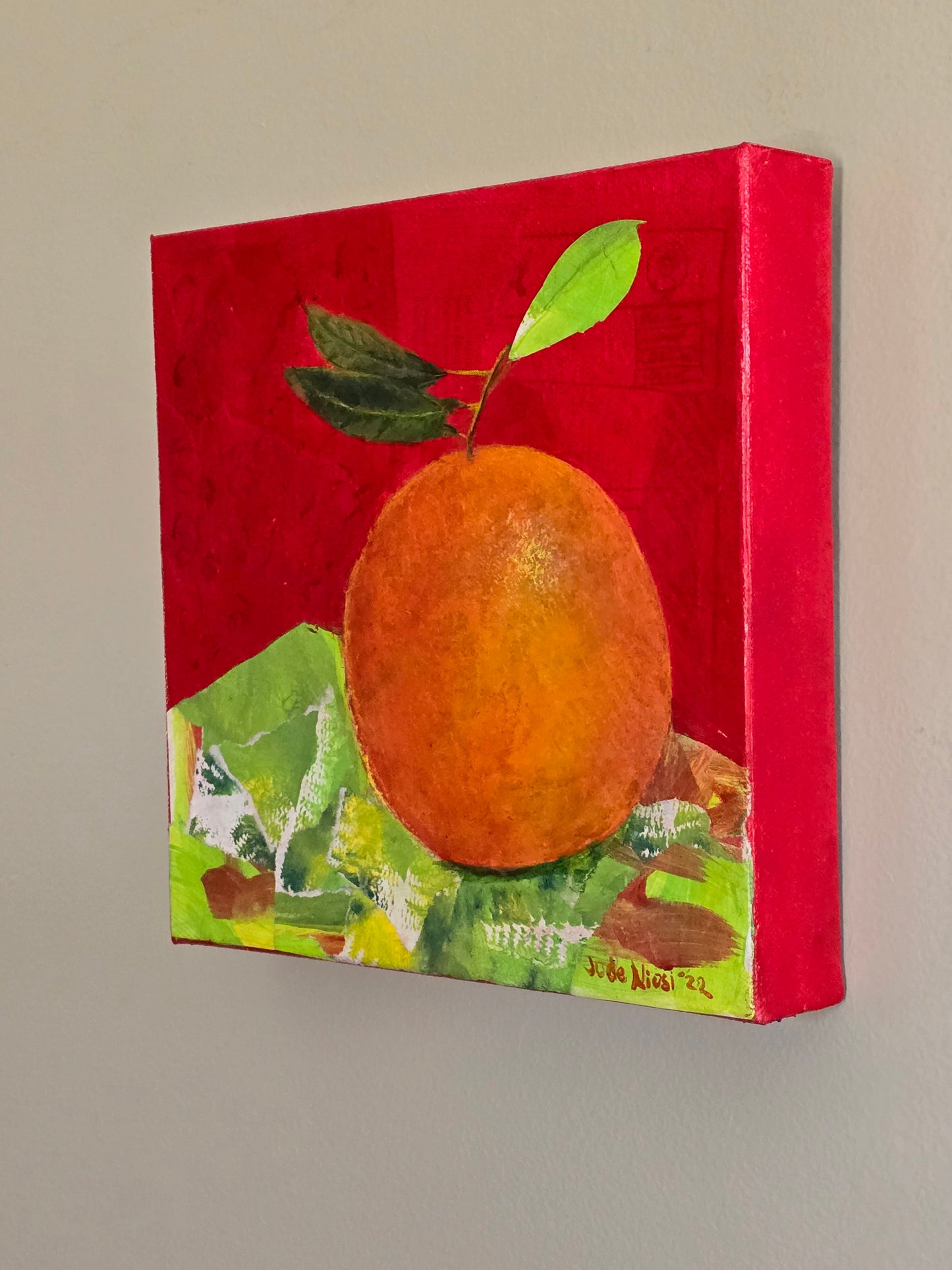 Title: Blood Orange | 8x8" | Acrylics and Hand Painted Paper on Canvas 1.5" Depth