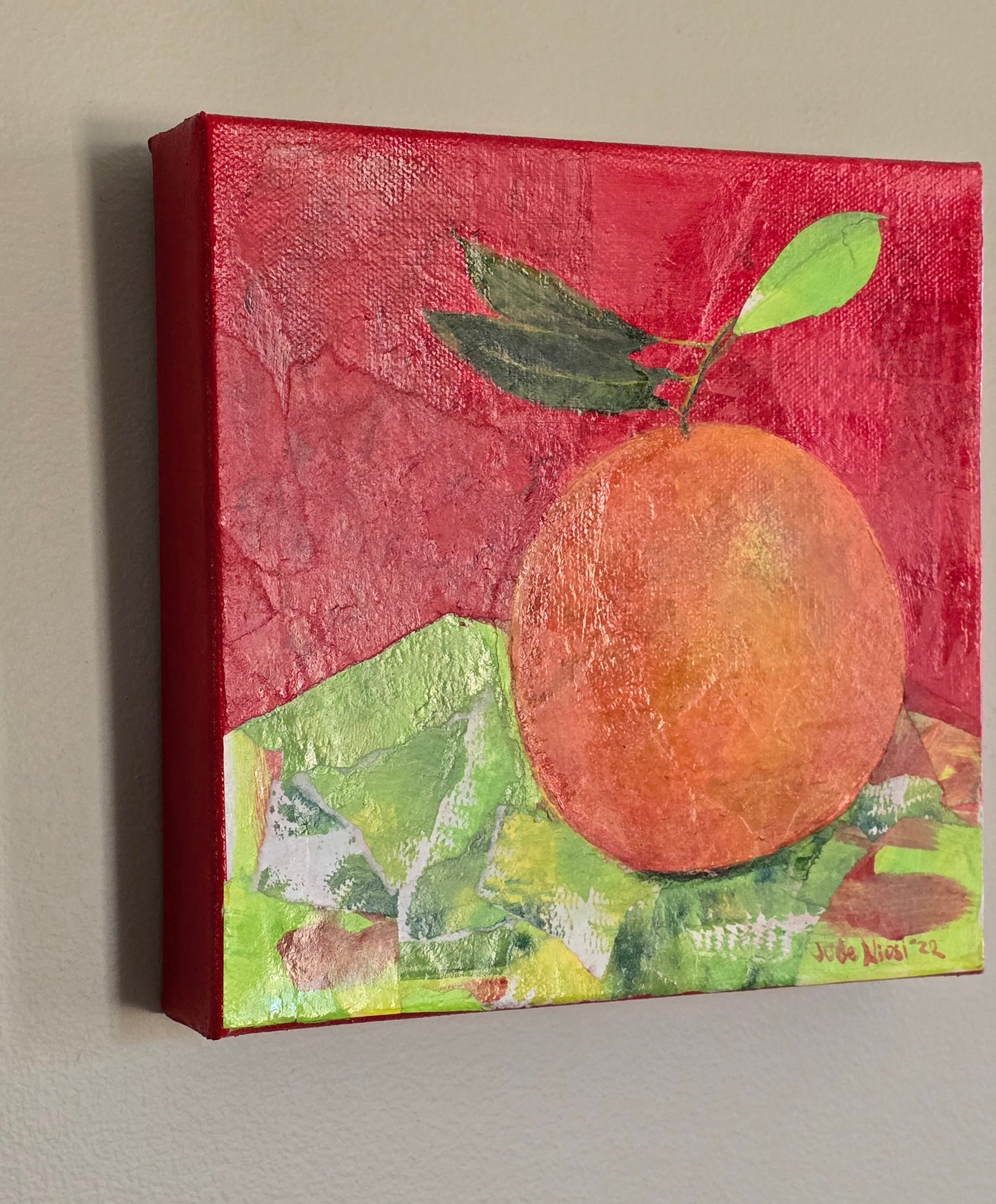 Title: Blood Orange | 8x8" | Acrylics and Hand Painted Paper on Canvas 1.5" Depth