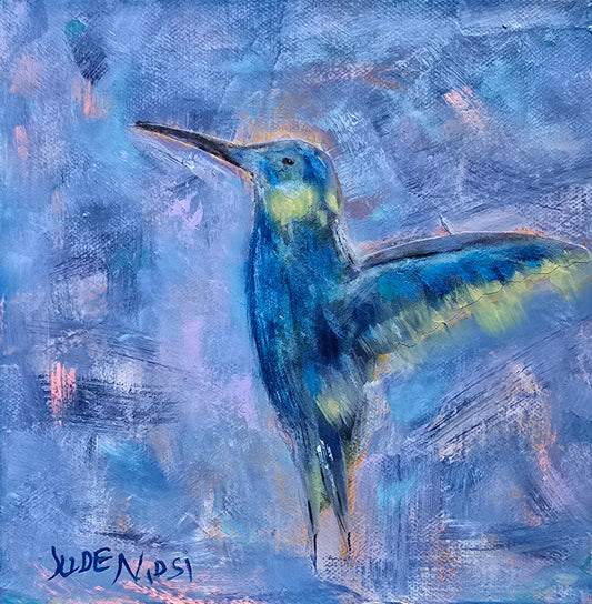 Title: Hovering Hummer | 8x8" |  Acrylic, Metallic Paint, Paper on Canvas 1.5" Depth