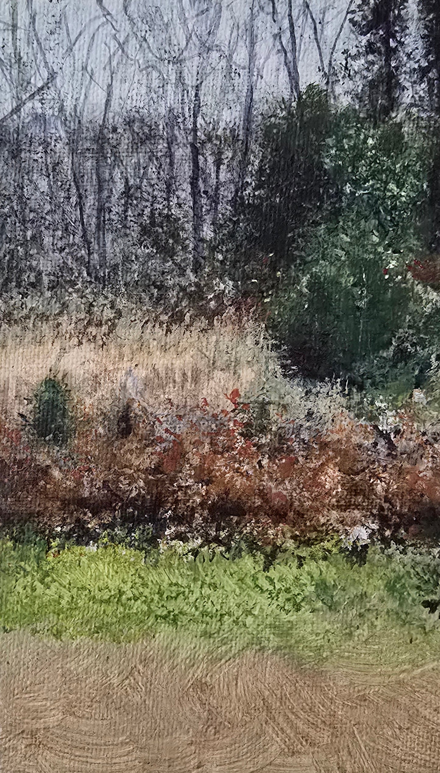 Textured painting of a landscape with trees and earth tones