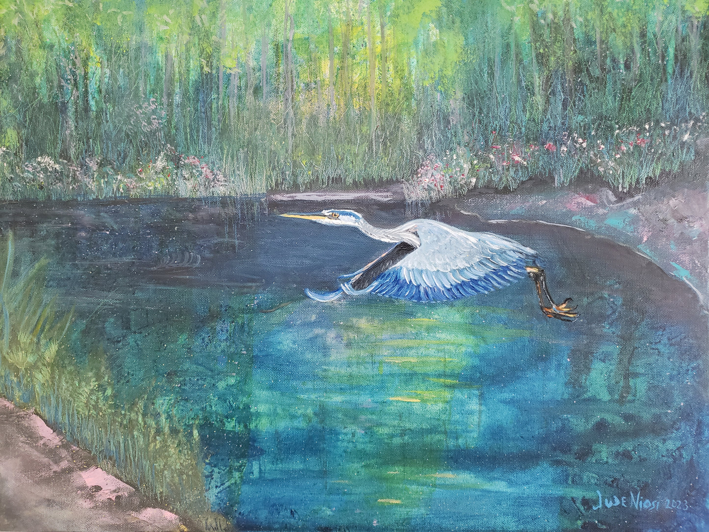Title: Scoping Heron | 18x24" | Oil on Canvas 1.5" Depth