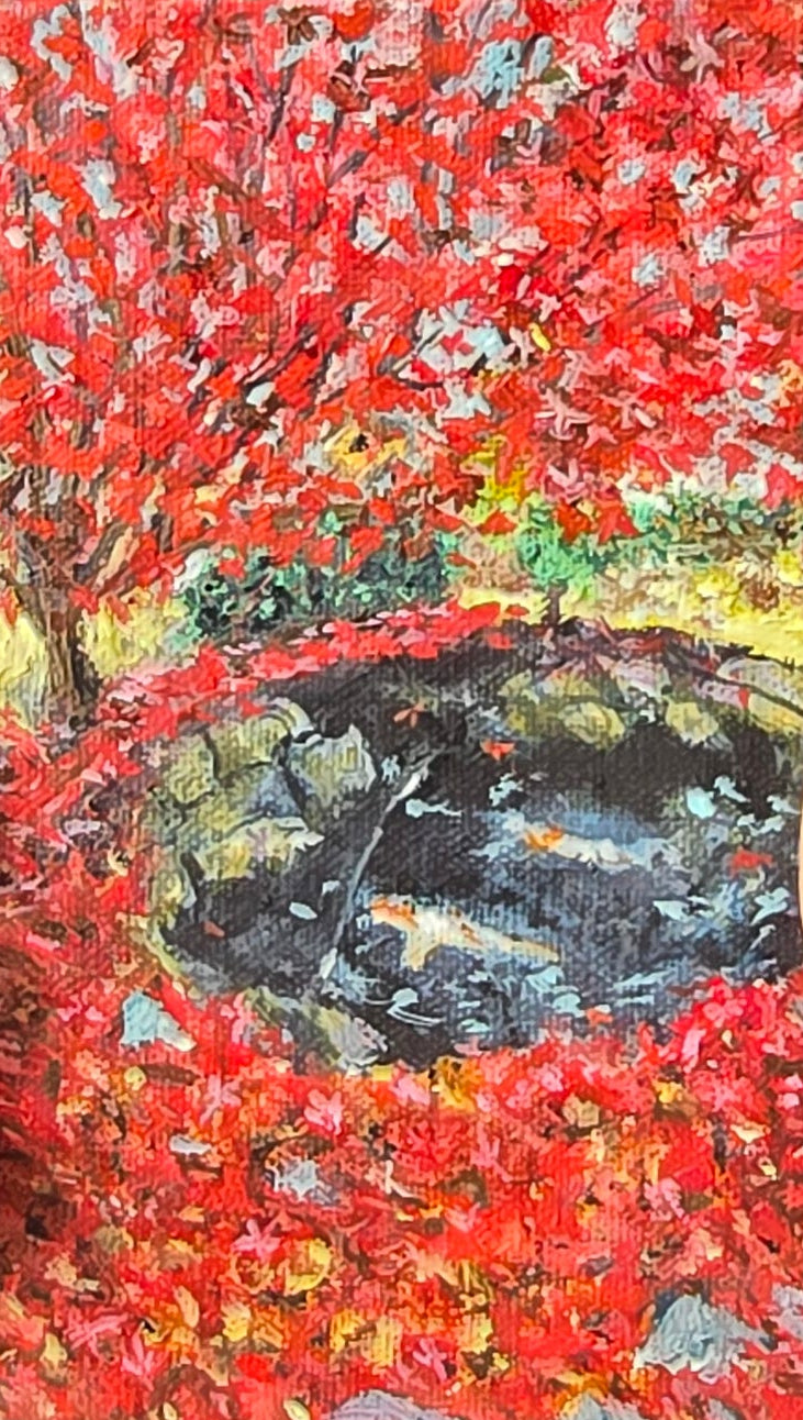 Title: Fiery Red Koi Pond | 3x5" Linen Panel | Oil Painting