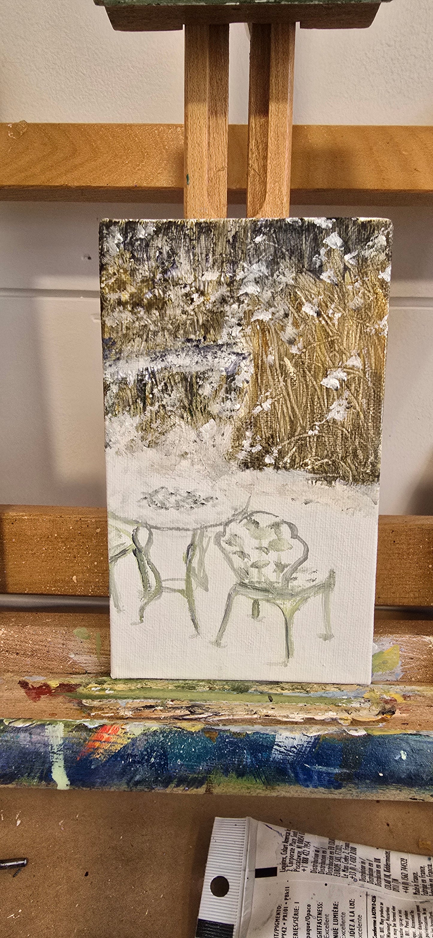 Title: Snowy Bistro | 3x5" Linen Panel | Oil Painting