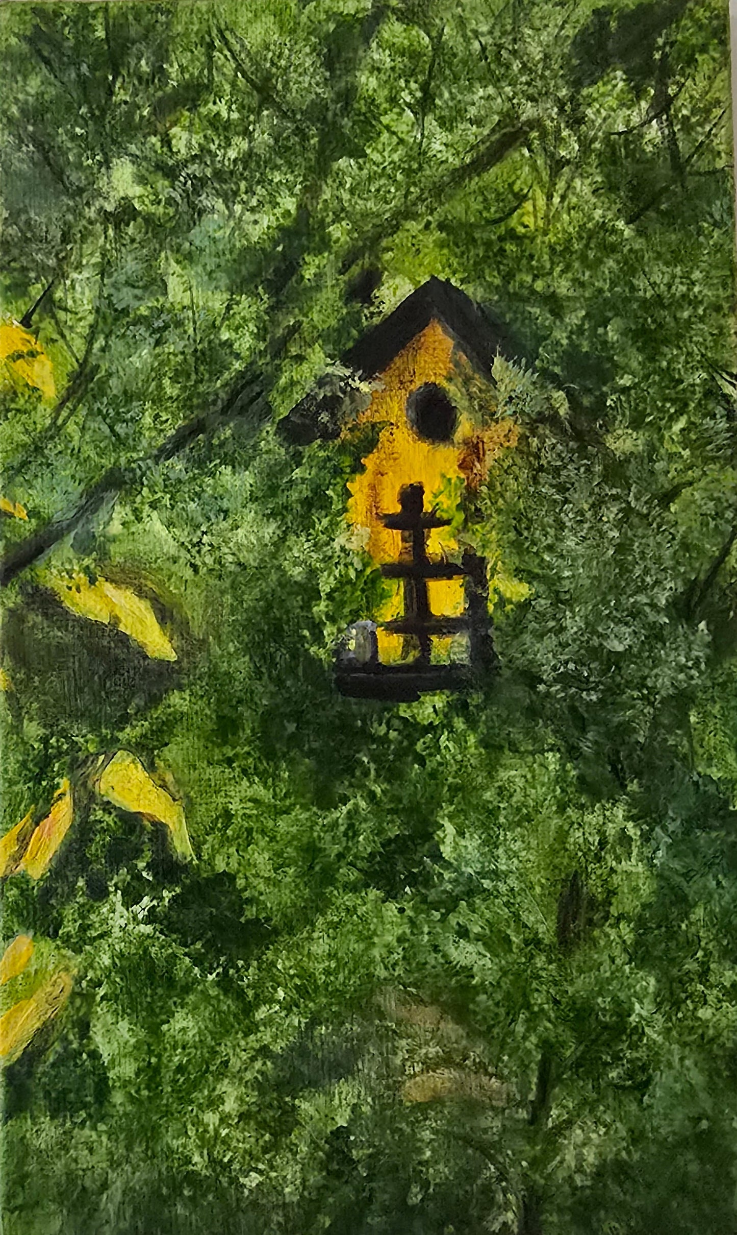 Title: Hidden Bird House | 3x5" Linen Panel | Oil Painting