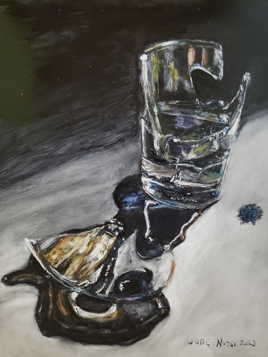Oil painting in the Chiaroscuro realism style of a broken glass.