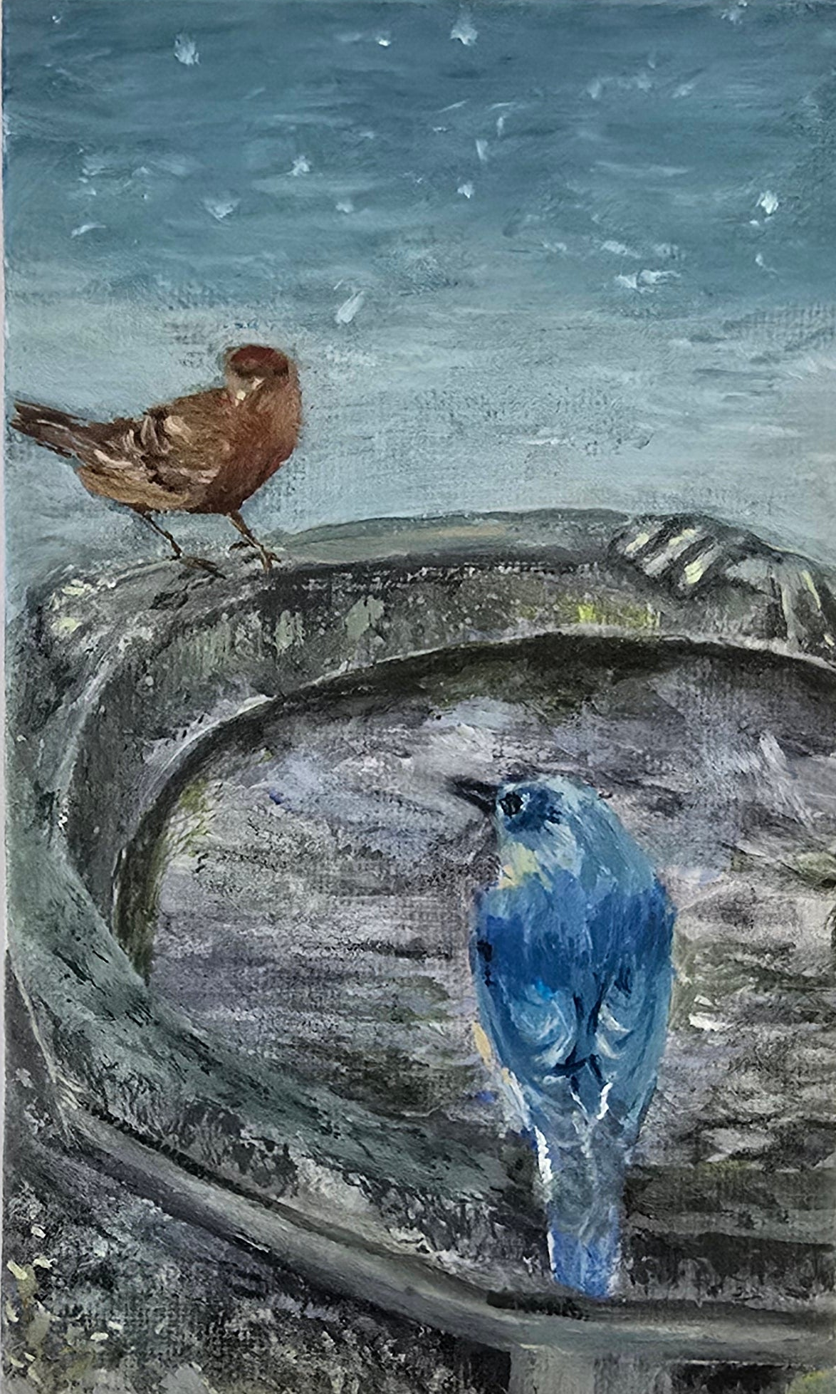 Title: Bluebird and Finch | 3x5" Linen Panel | Oil Painting