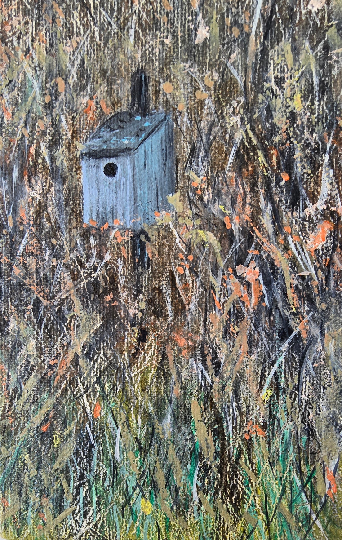 Title: Perched Bluebird House | 3x5" Linen Panel | Oil Painting