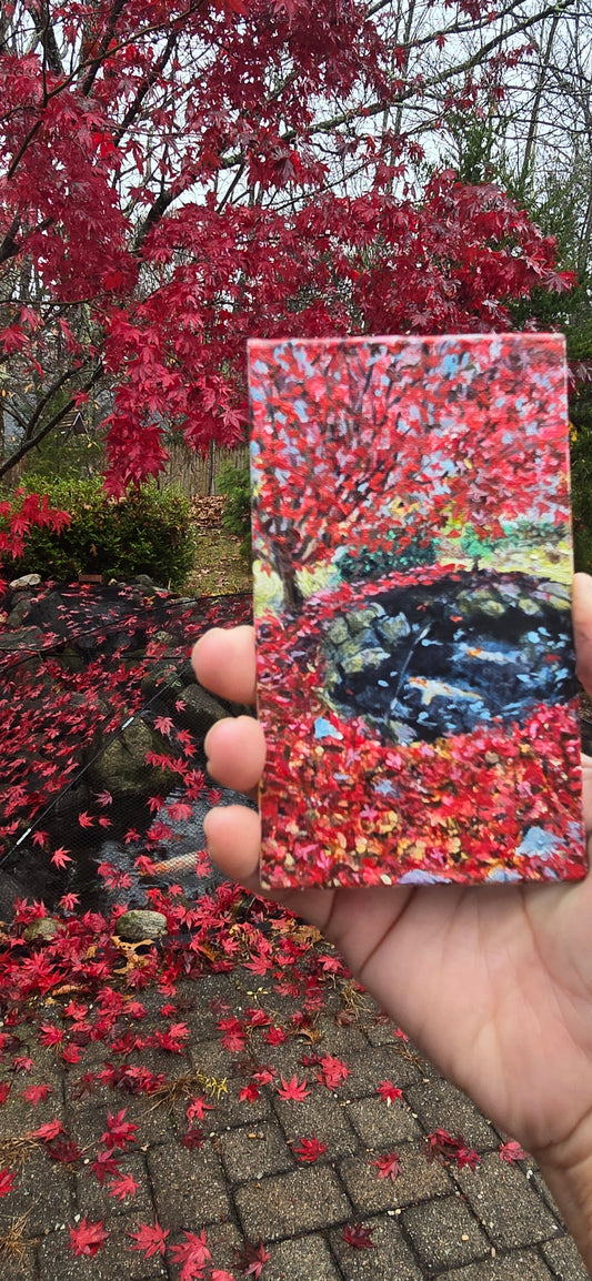 Title: Fiery Red Koi Pond | 3x5" Linen Panel | Oil Painting
