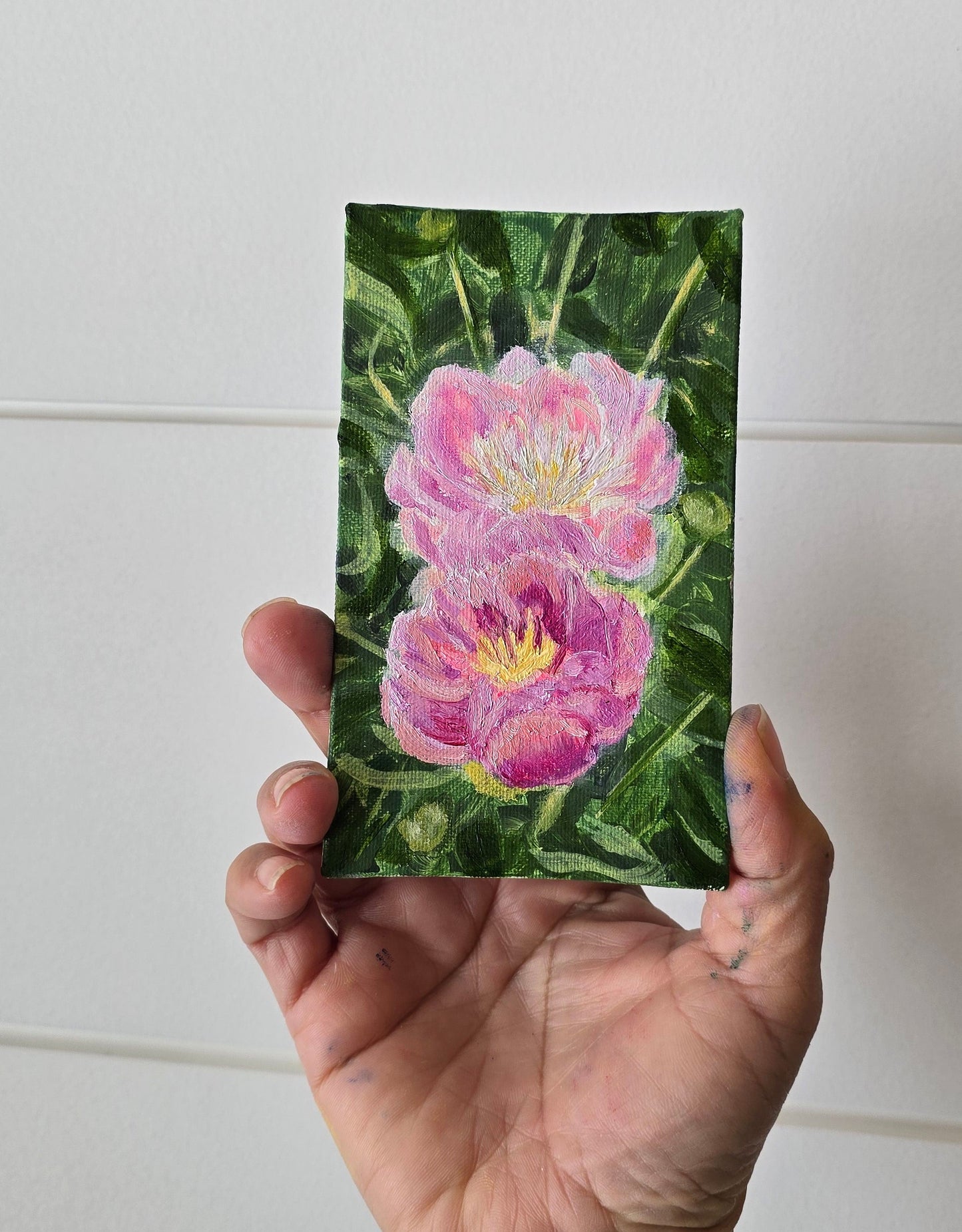 Title:  Pink Peony | 3x5" Linen Panel | Oil Painting