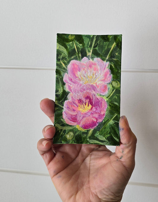 Title:  Pink Peony | 3x5" Linen Panel | Oil Painting
