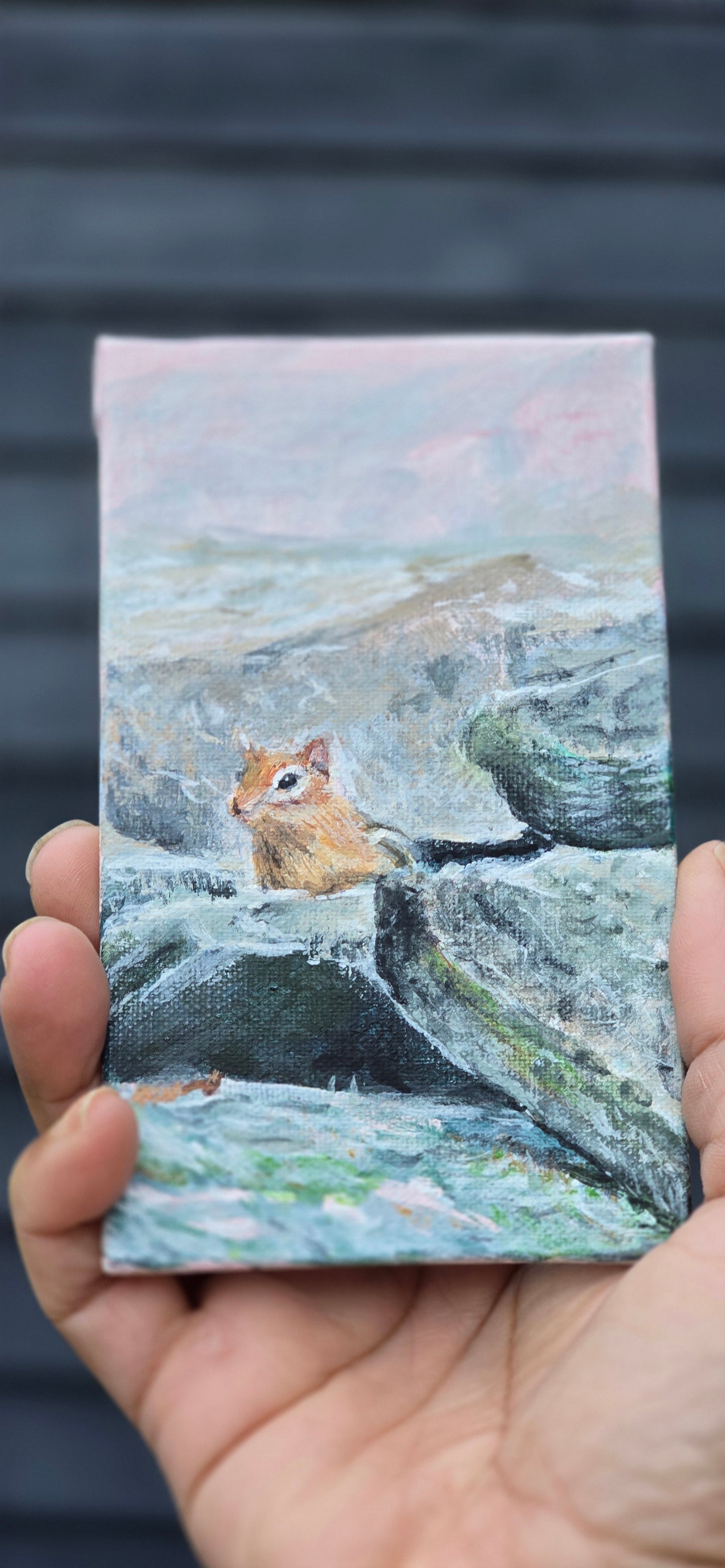 Title: Chippy Around Boulders | 3x5" Linen Panel | Oil Painting