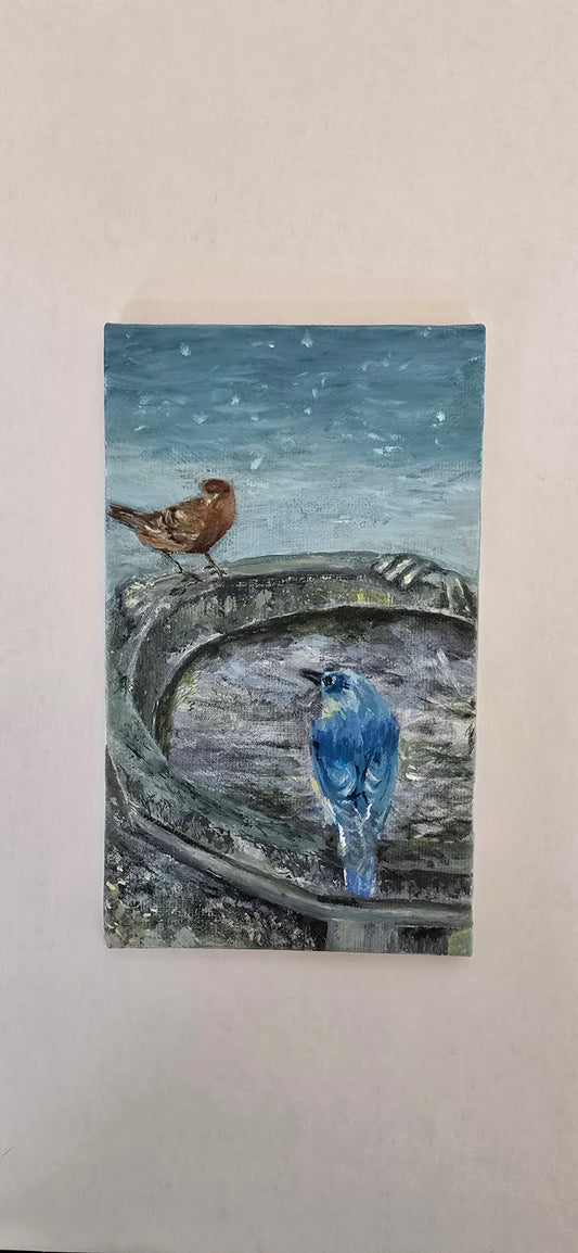 Title: Bluebird and Finch | 3x5" Linen Panel | Oil Painting