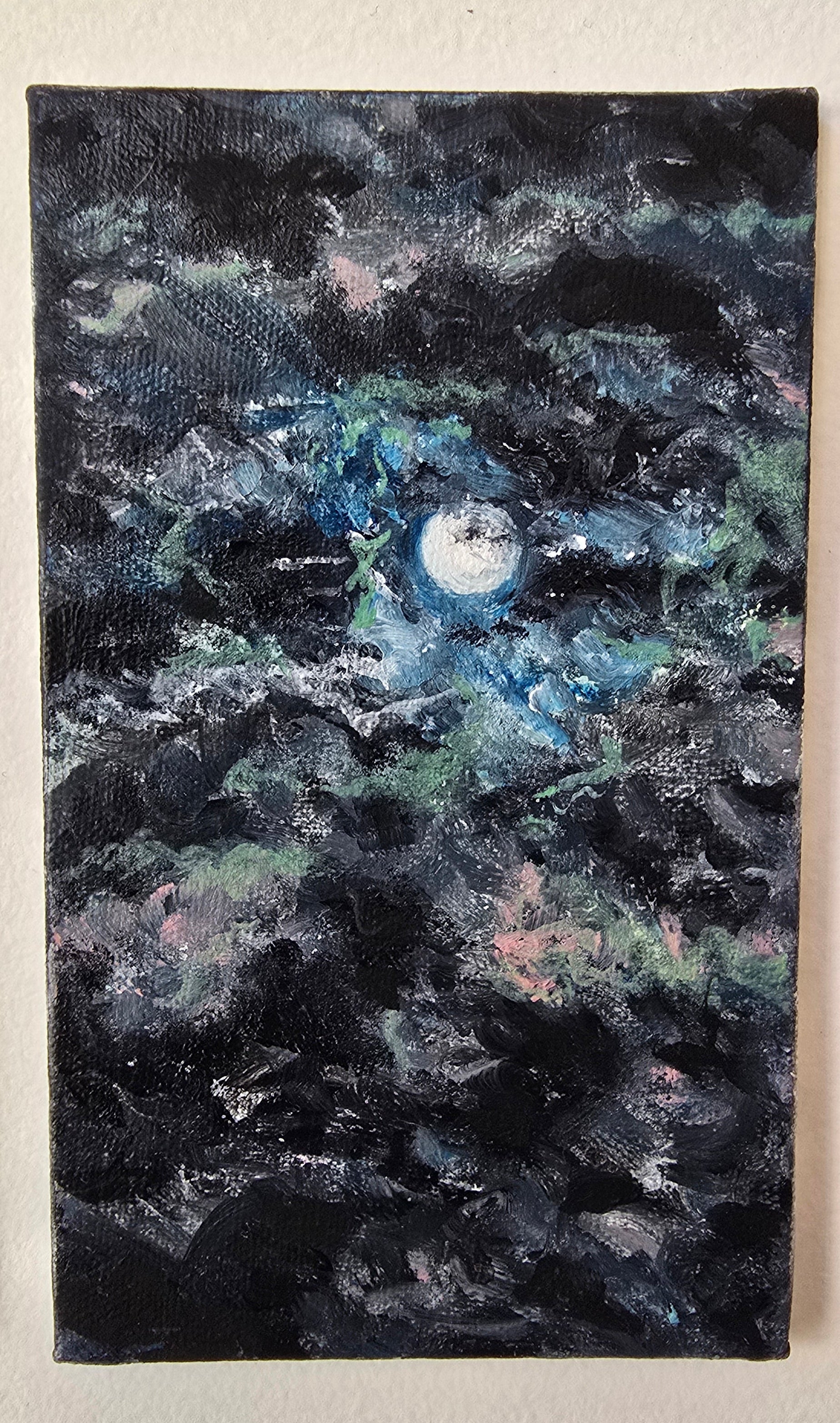 Abstract painting of a night sky with stars and moon on a textured surface.