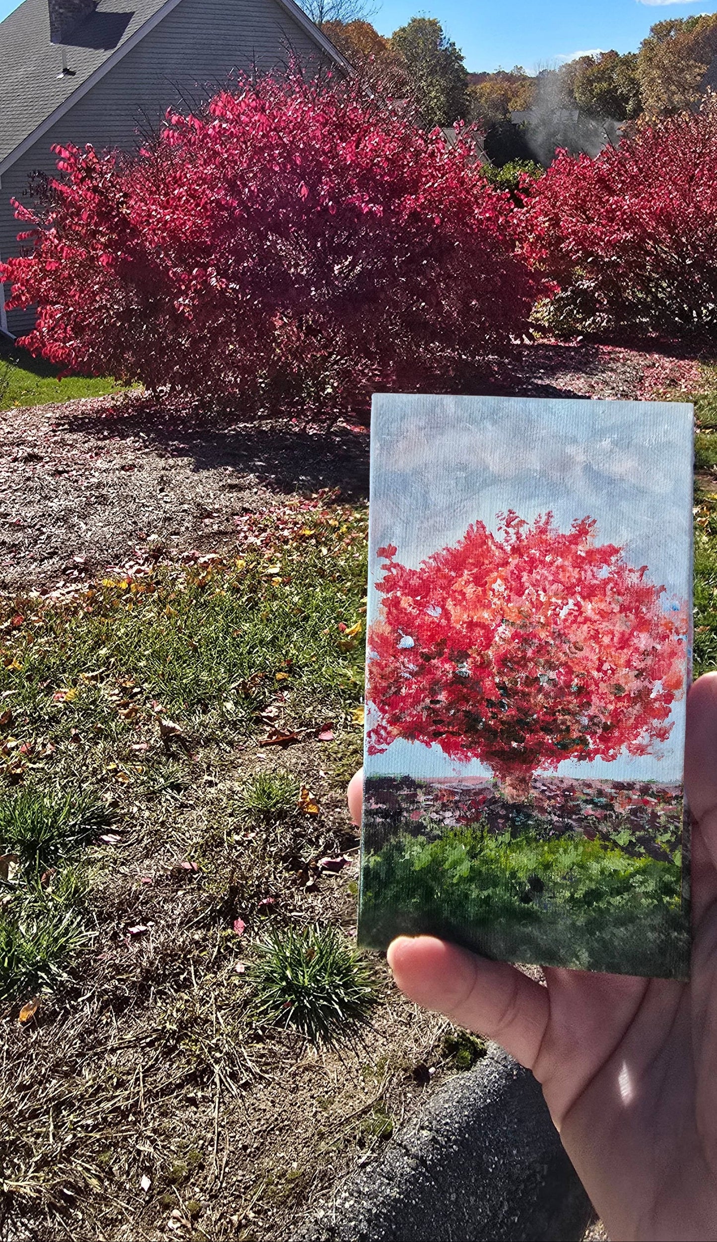 Person holding a small painting of a red tree in front of a real tree with red leaves.
