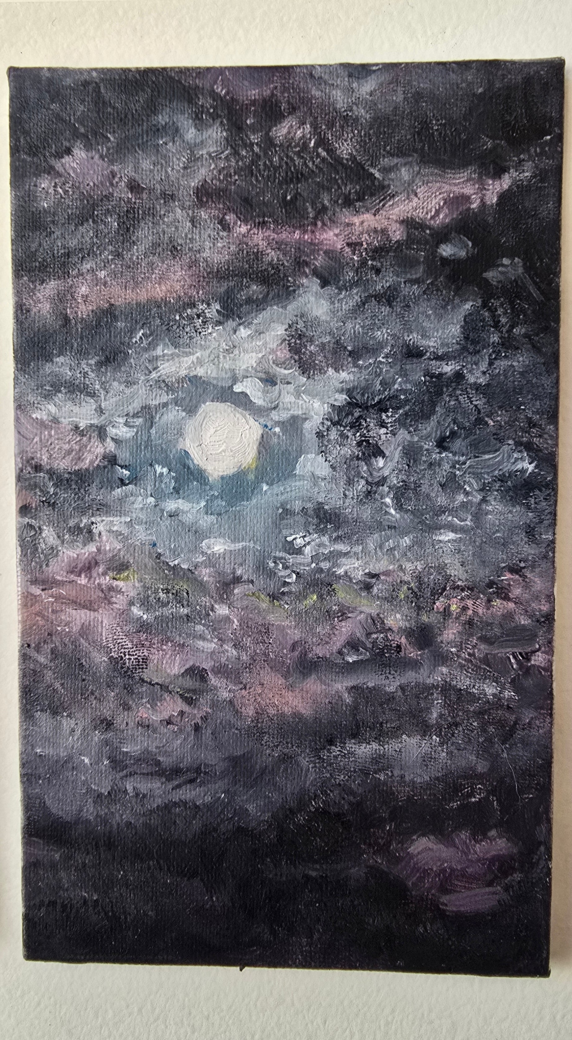 Abstract painting with a central moon-like object on a textured dark background