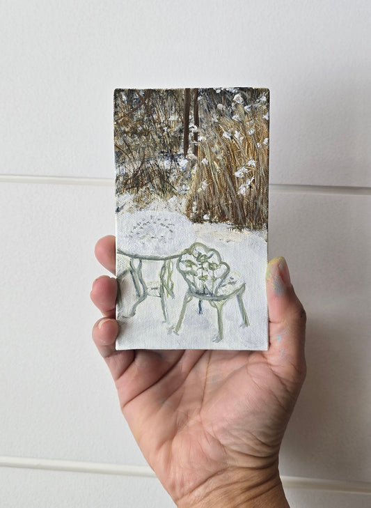 Title: Snowy Bistro | 3x5" Linen Panel | Oil Painting