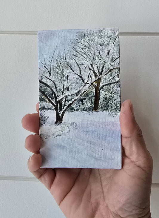 Title: Snowy Trees | 3x5" Linen Panel | Oil Painting
