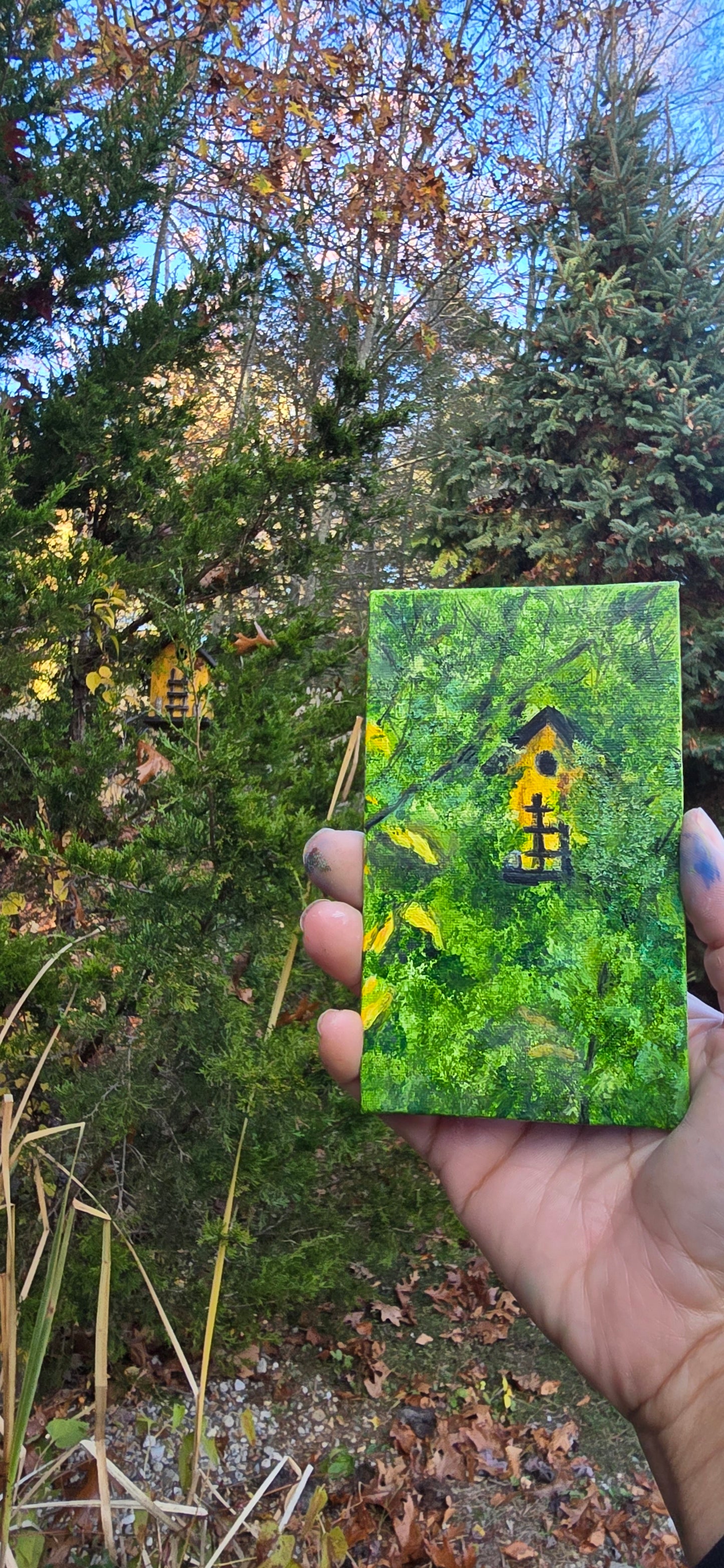 Title: Hidden Bird House | 3x5" Linen Panel | Oil Painting