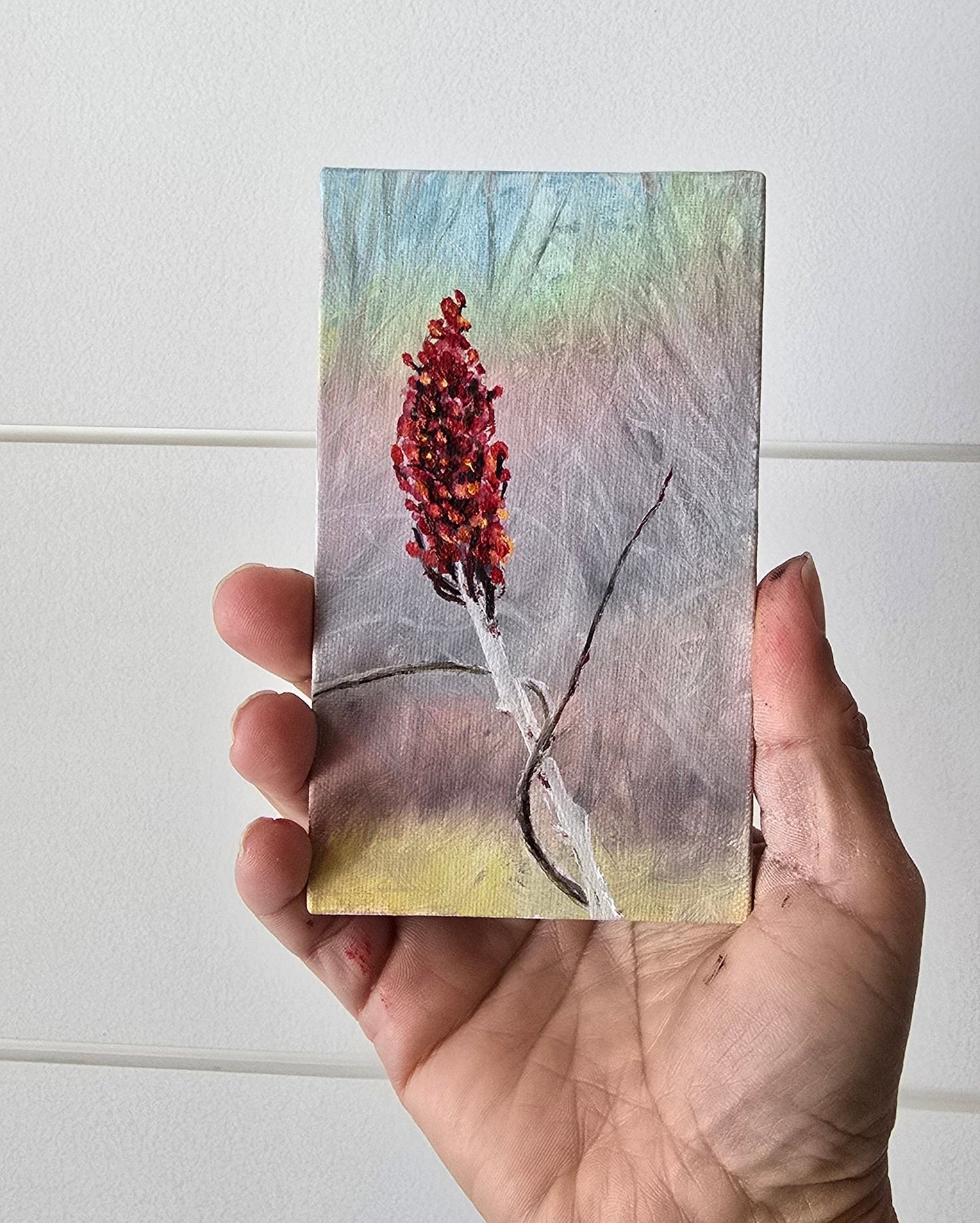Title: Last Red Standing | 3x5" Linen Panel | Oil Painting