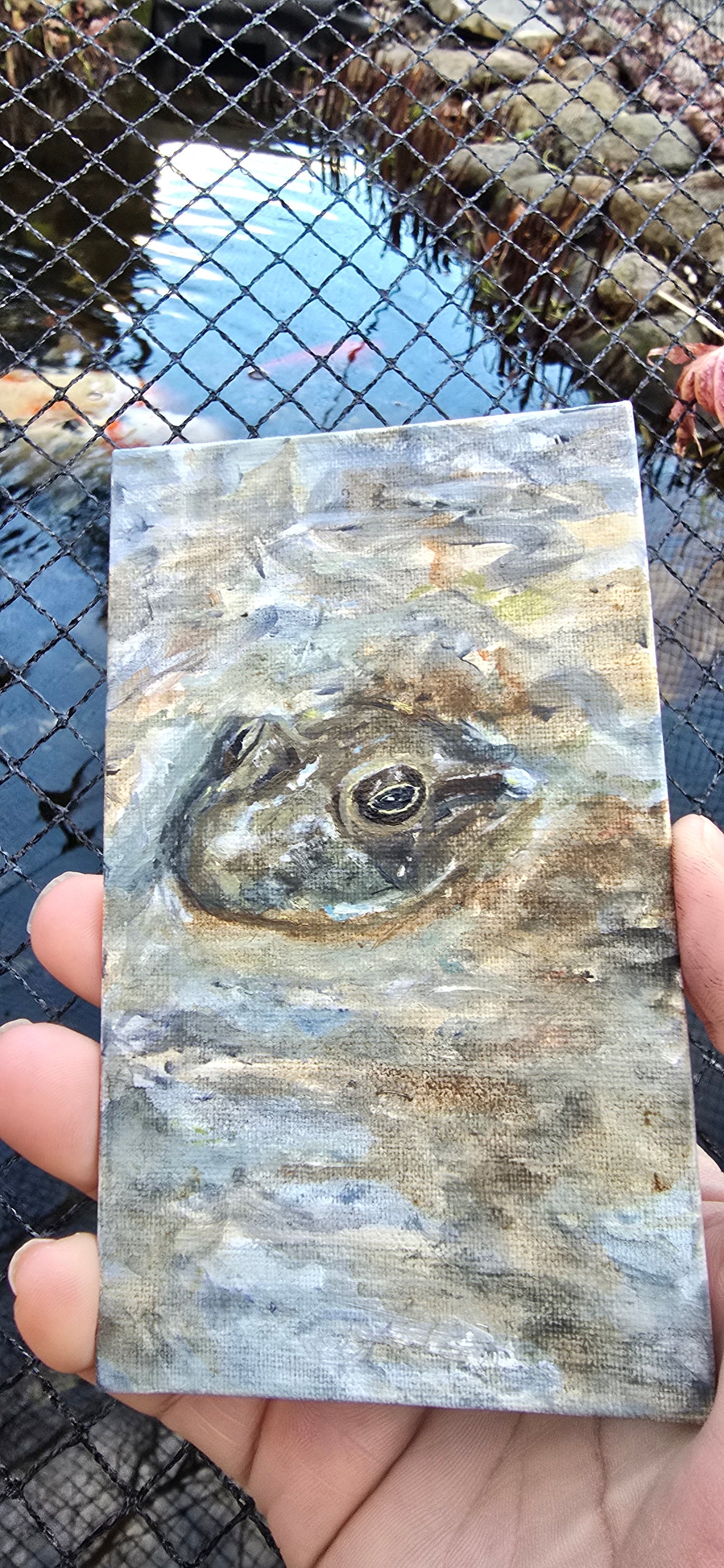 Title: Peering Frog | 3x5" Linen Panel | Oil Painting